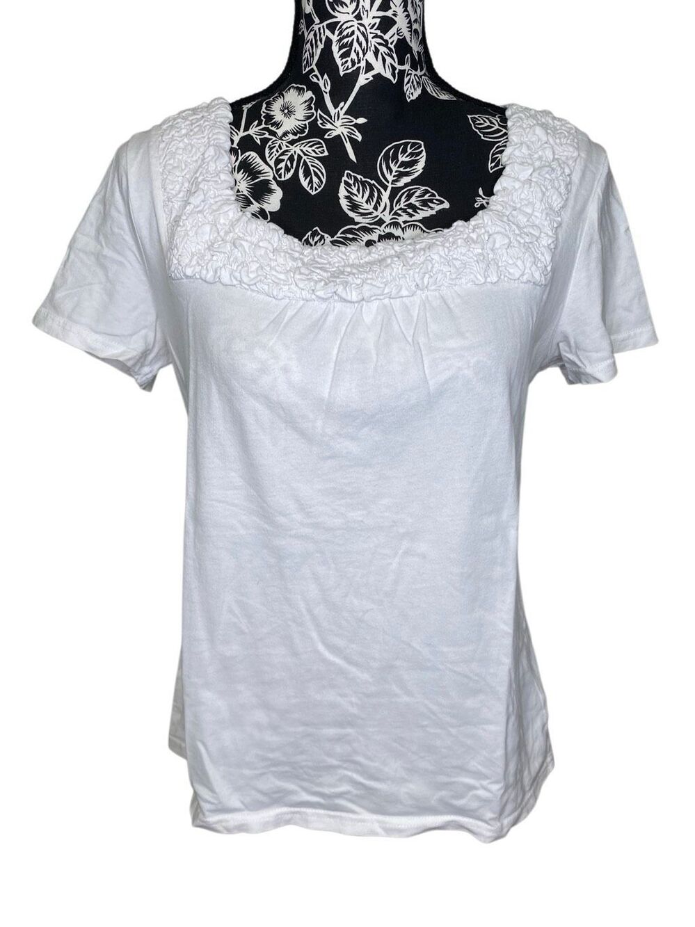 Basic Editions White Ruched Square Neck Short Sleeve Top Cottagecore Casual